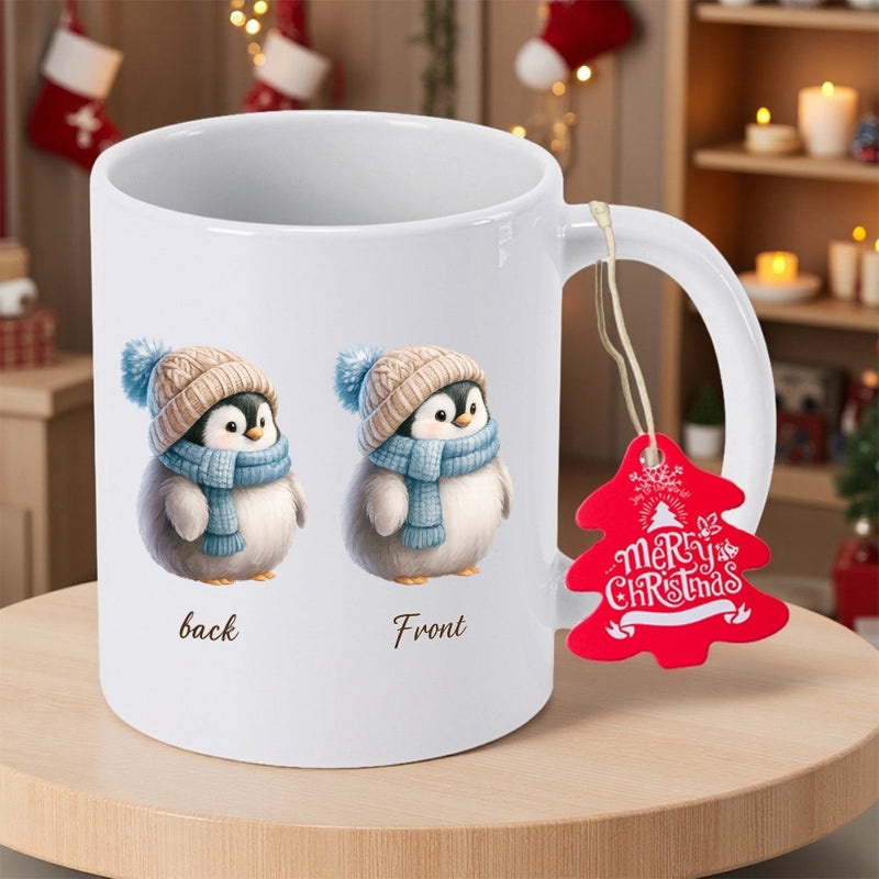 Tailorly White Ceramic 11 oz Mug - Back Front Merry Christmas Adorable Chubby Birds Wearing Knitted Beanies With Soft Blue Scarves Penguin