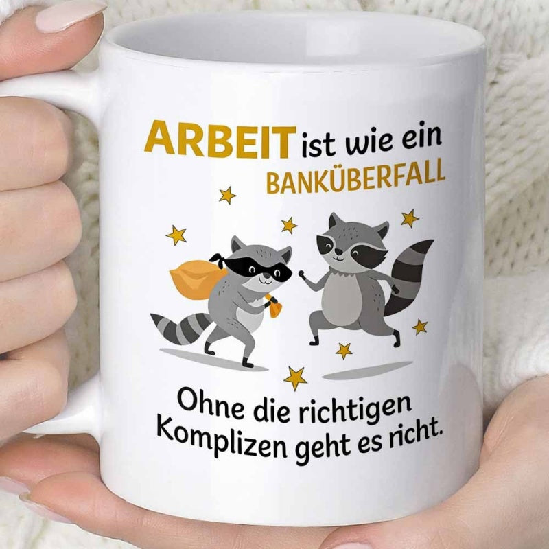 Tailorly White Ceramic 11 oz Mug - Two Cute Cartoon Raccoons With Stars And A Golden Sack Raccoon