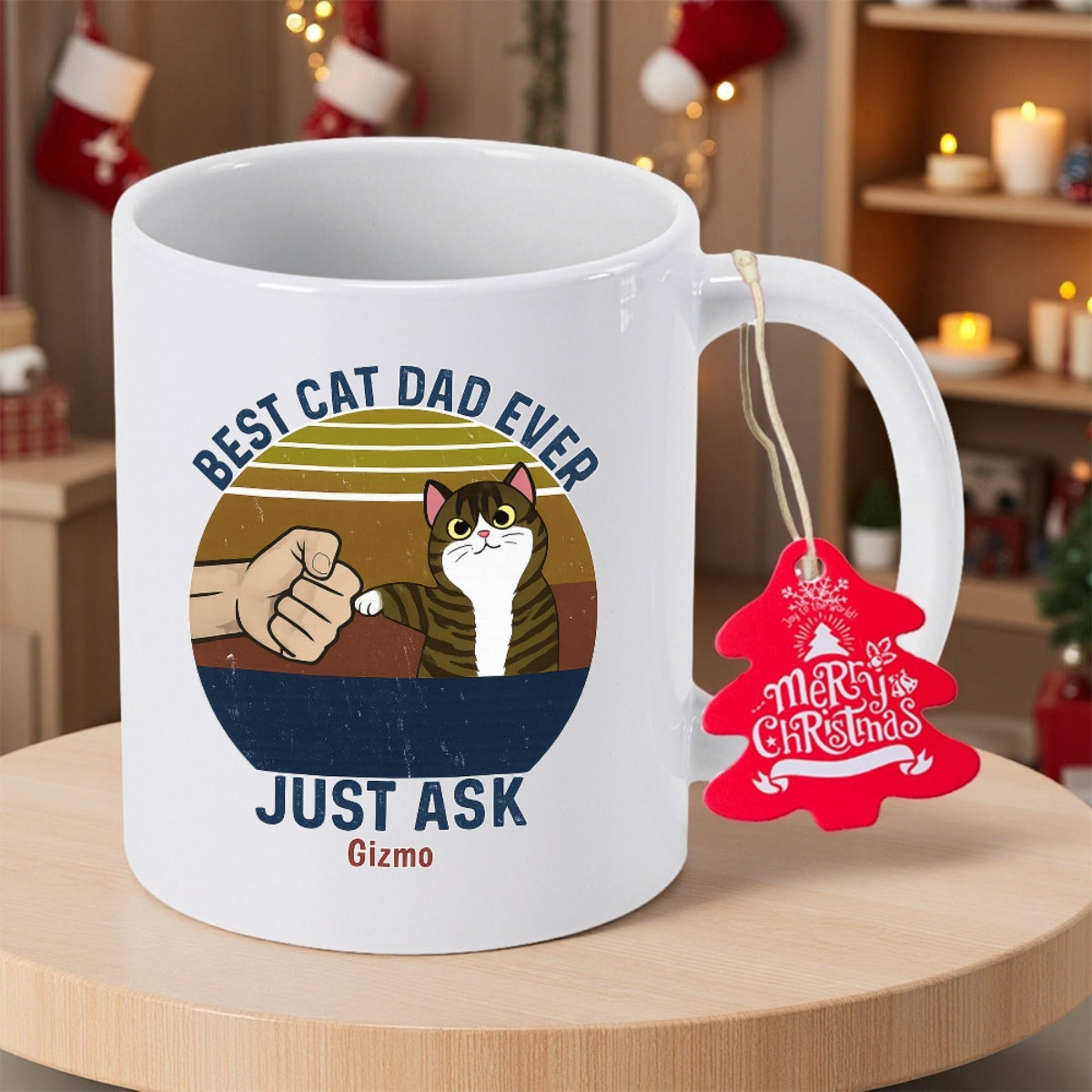 Tailorly White Ceramic 11 oz Mug - Best Cat Dad Ever Just Ask Gizmo Retro Sunset Background With Human Fist Bumping Cute Fluffy Brown Tabby Cat