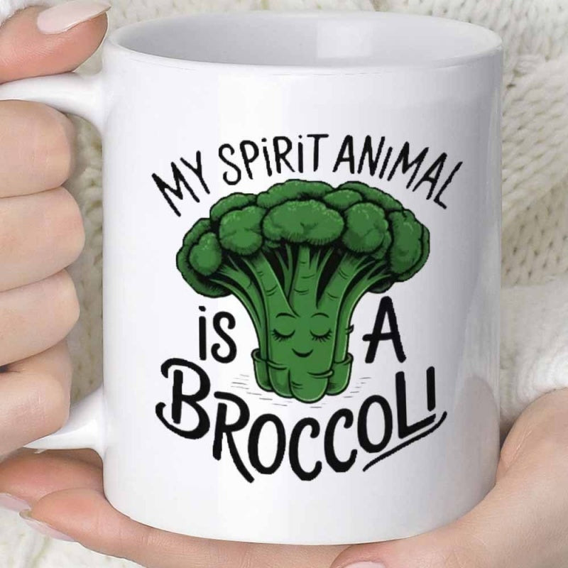 Tailorly White Ceramic 11 oz Mug - My Spirit Animal Is A Broccoli Vibrant Green Cartoon Vegetable With Peaceful Smiling Face Resting Quietly Broccoli