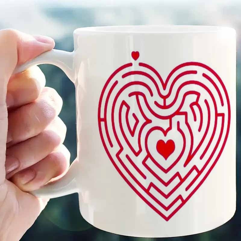 Tailorly White Ceramic 11 oz Mug - Intricate Red Labyrinth Lines Forming A Romantic Symbol Shape Heart