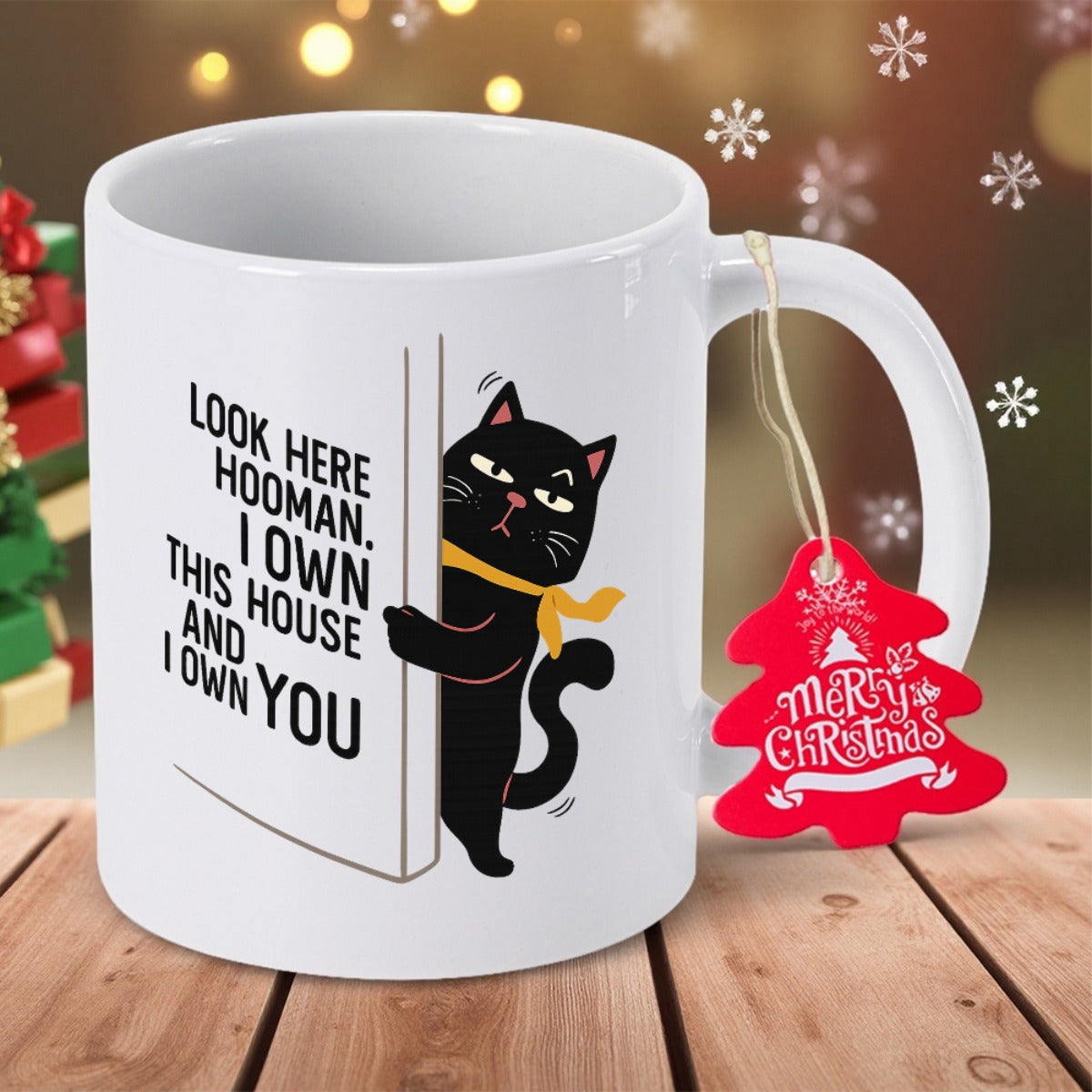 Tailorly White Ceramic 11 oz Mug - Look Here Hooman I Own This House And I Own You Sassy Black Cat Peeking From Behind A White Door Frame Cat