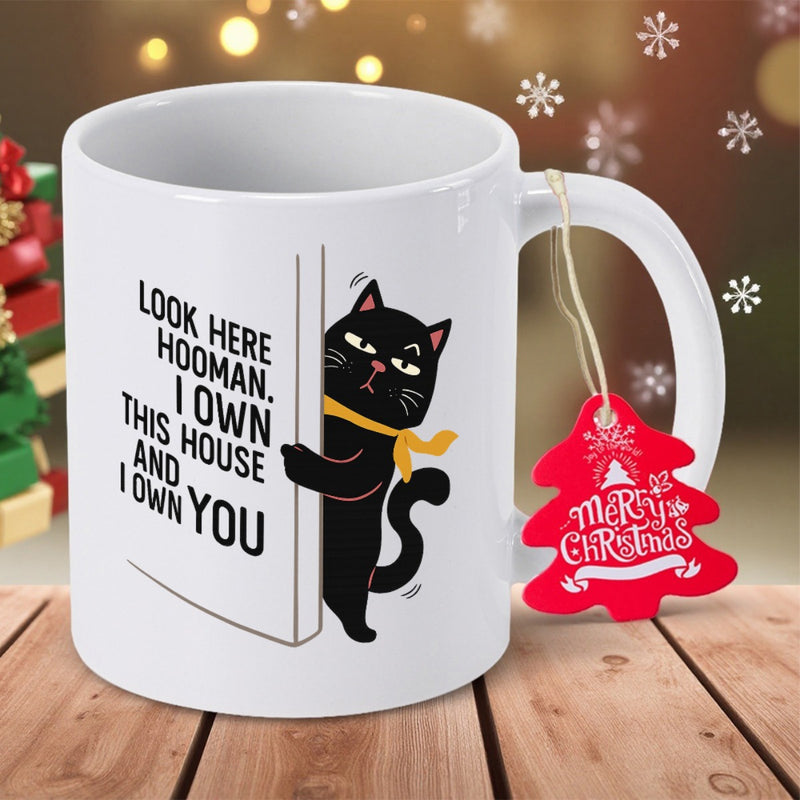 Tailorly White Ceramic 11 oz Mug - Look Here Hooman I Own This House And I Own You Sassy Black Cat Peeking From Behind A White Door Frame Cat