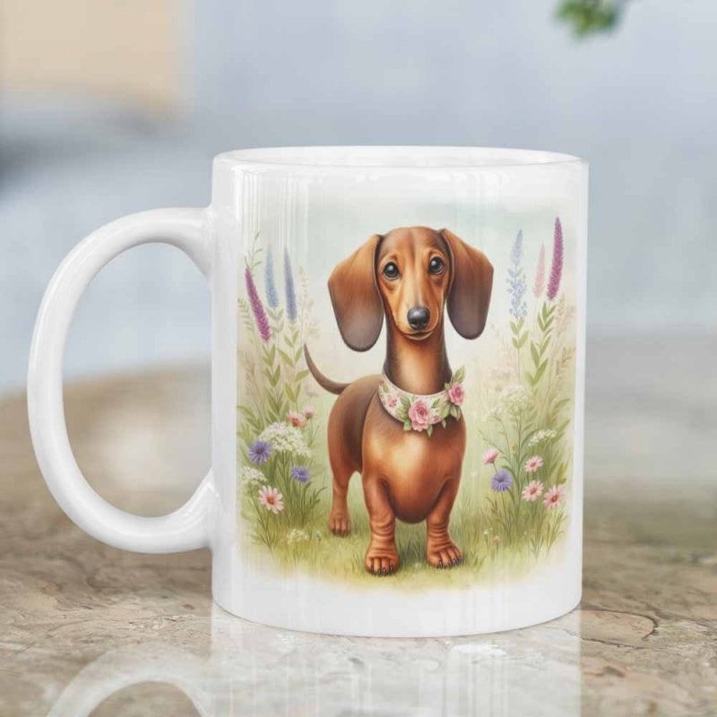 Tailorly White Ceramic 11 oz Mug - Standing Proudly Amidst Blooming Wildflowers Wearing A Delicate Pink Floral Collar Dachshund