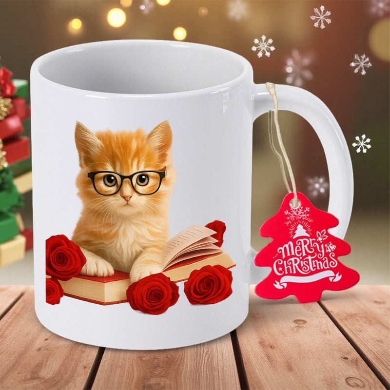 Tailorly White Ceramic 11 oz Mug - Merry Christmas Studious Orange Tabby Wearing Glasses Reading Book Surrounded By Red Roses Kitten
