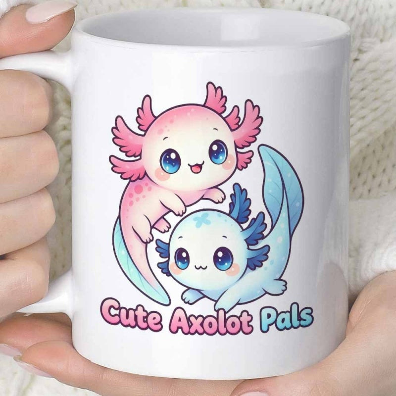 Tailorly White Ceramic 11 oz Mug - Cute Axolotl Pals Adorable Pink And Blue Aquatic Creatures Smiling In A Playful Friendship Axolotl