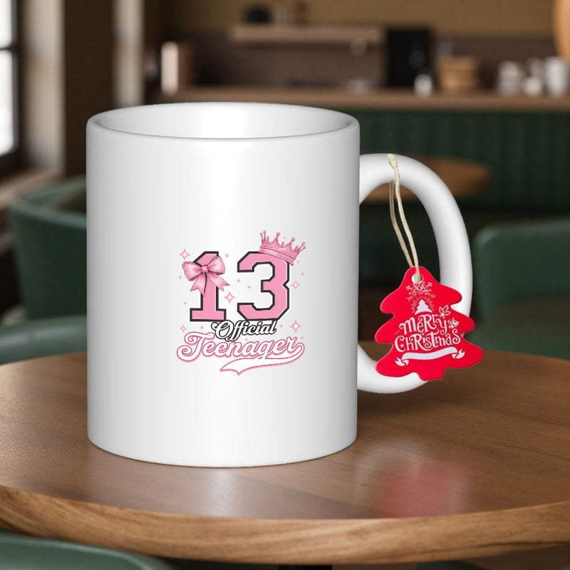 Tailorly White Ceramic 11 oz Mug - Official Eleanor Pink Decorative Number Thirteen With Elegant Crown And Bow Sparkles Ceramic Mug
