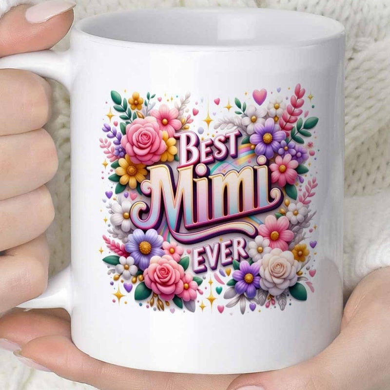 Tailorly White Ceramic 11 oz Mug - Best Mimi Ever Beautiful Vibrant Roses Surrounded By Blooming Petals And Little Hearts Flower
