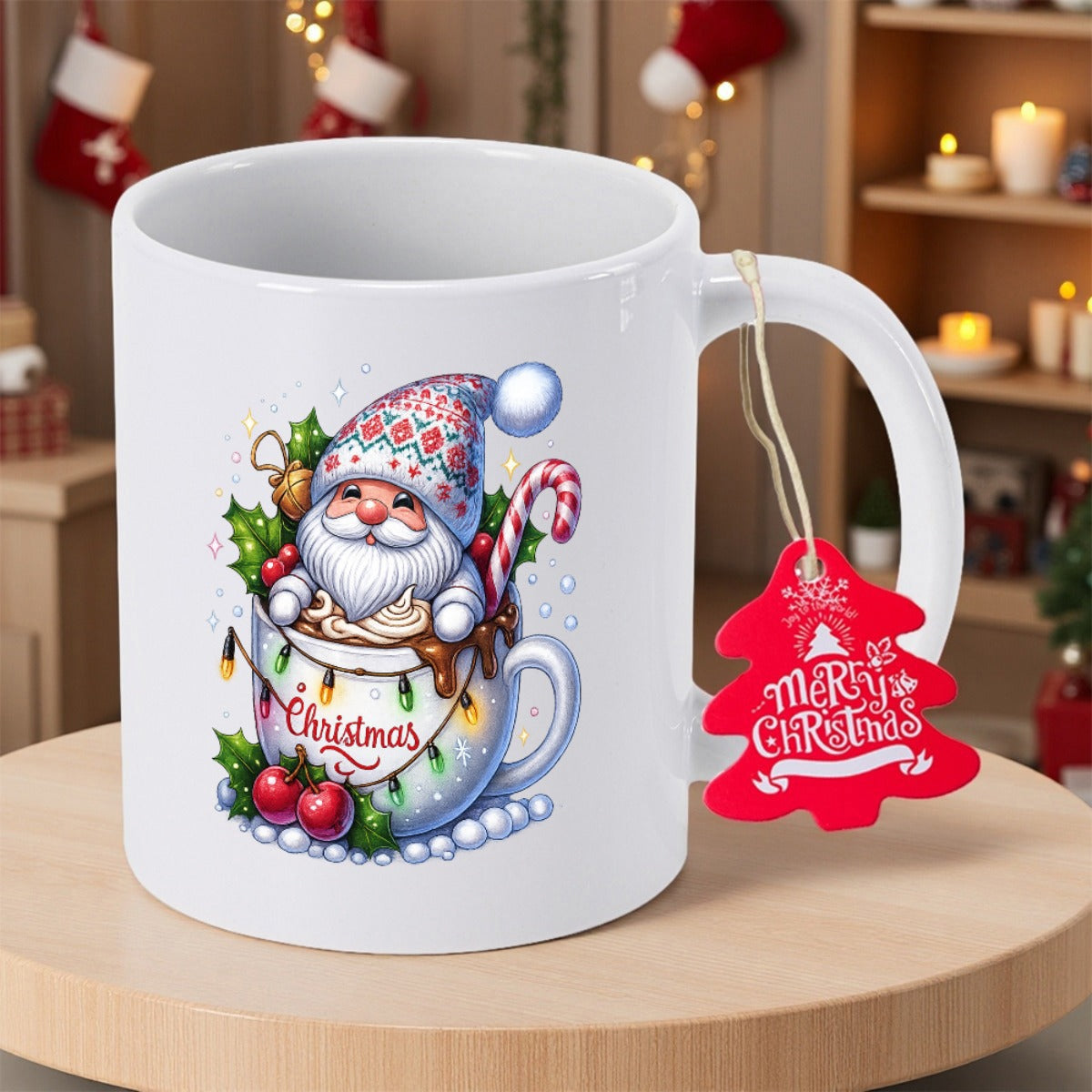 Tailorly White Ceramic 11 oz Mug - Merry Christmas Tiny Adorable Festive Figure Sitting Inside A Warm Holiday Cup Gnome
