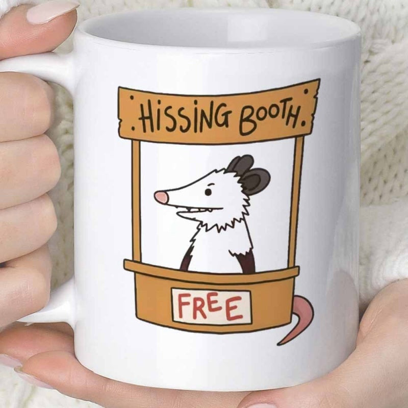 Tailorly White Ceramic 11 oz Mug - Hissing Booth Free Funny Cartoon Animal Hissing Inside A Wooden Stall Opossum