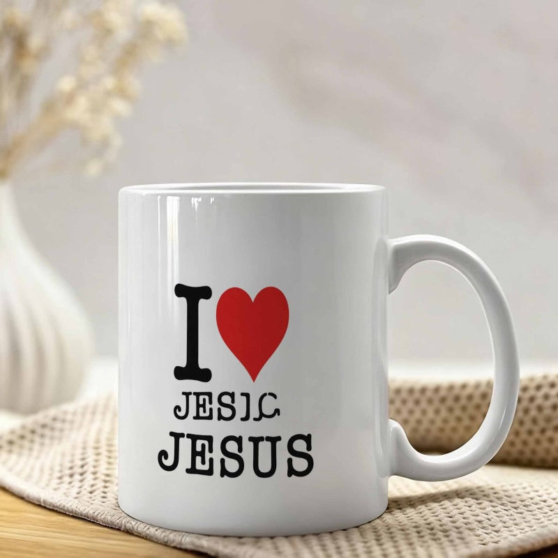 Tailorly White Ceramic 11 oz Mug - I Jesus Vibrant Red Heart Floating Above Bold Black Vertical Religious Serif Typography Heart