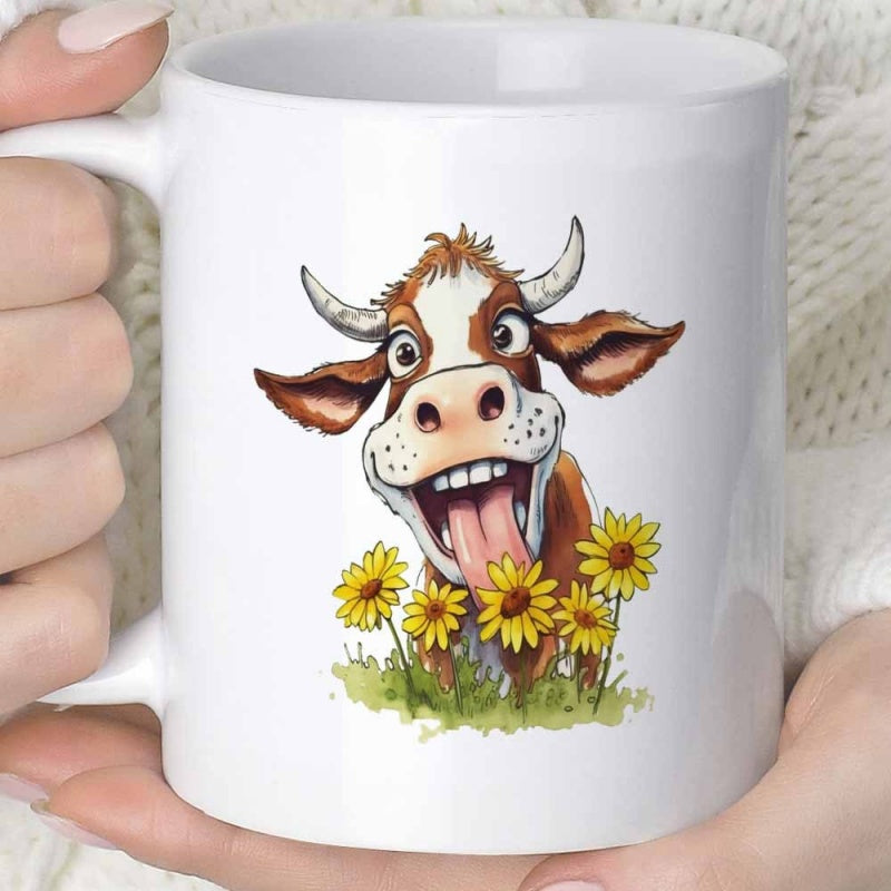 Tailorly White Ceramic 11 oz Mug - Funny Smiling Cartoon Cow Peeking Behind Bright Yellow Sunflowers Cow