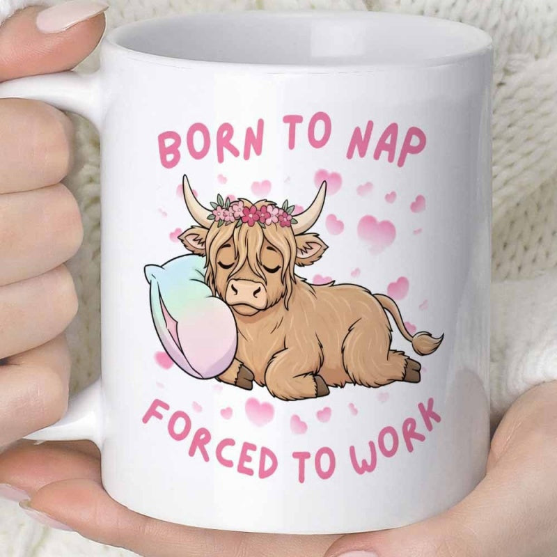 Tailorly White Ceramic 11 oz Mug - Born To Nap Forced To Work Sweet Baby Highland Cow Resting Peacefully Among Floating Soft Pink Hearts Cow