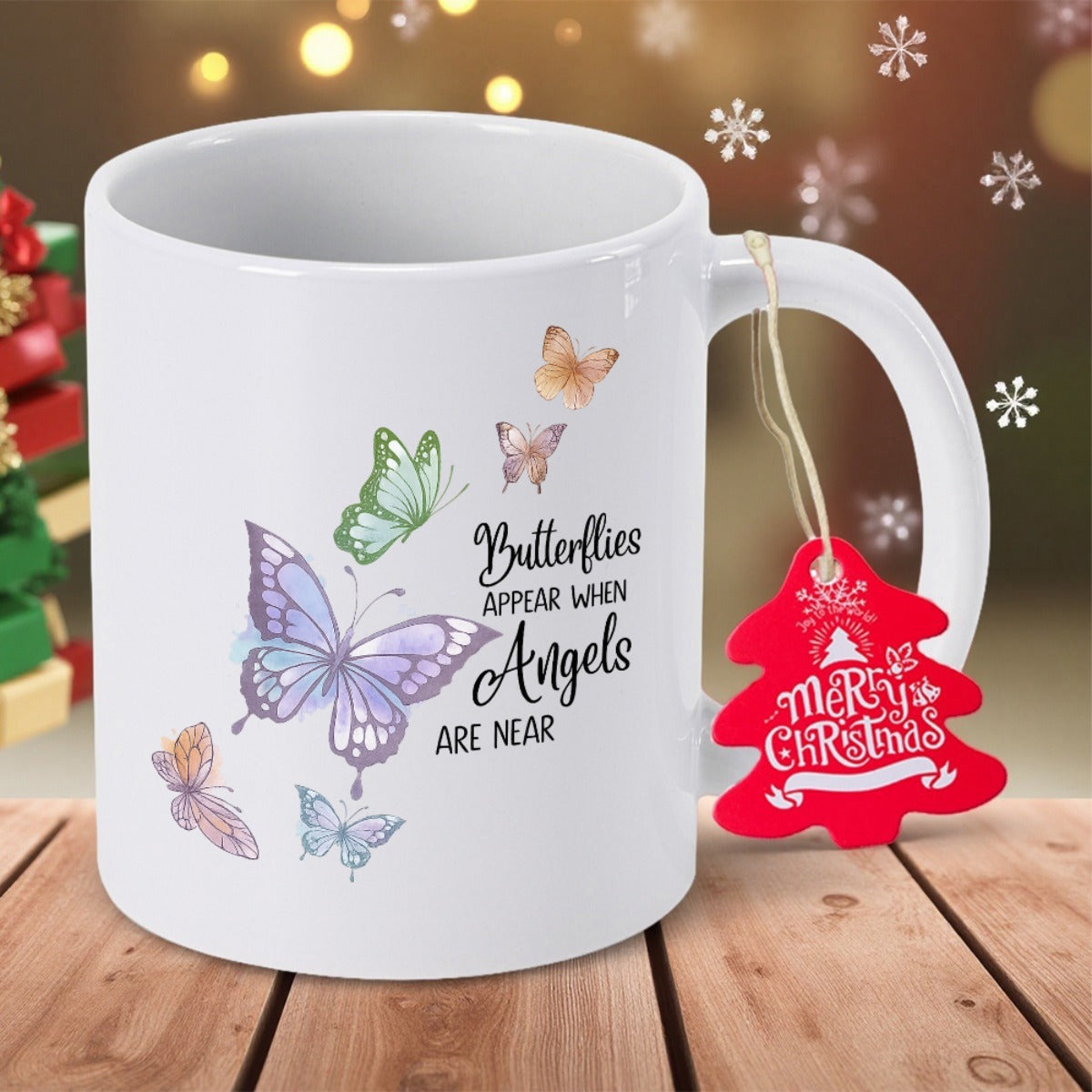 Tailorly White Ceramic 11 oz Mug - Butterflies Appear When Angels Are Near Delicate Watercolor Wings Fluttering Gracefully Near A Sentimental Inspirational Quote