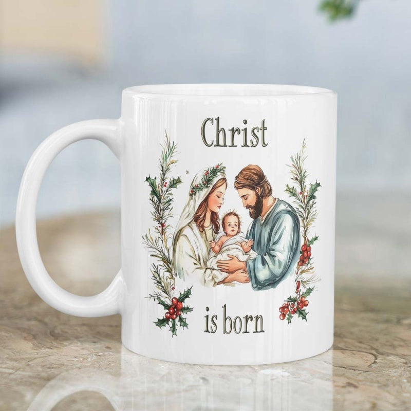 Tailorly White Ceramic 11 oz Mug - Christ Is Born Holy Family Under Graceful Pine Branches With Delicate Red Berries Nativity