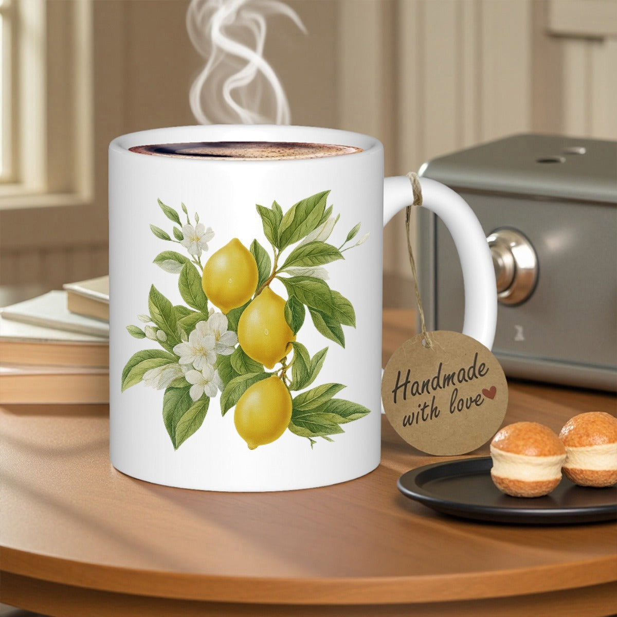 Tailorly White Ceramic 11 oz Mug - Hand Painted Vibrant Yellow Citrus Hanging From A Green Leafy Branch Lemon