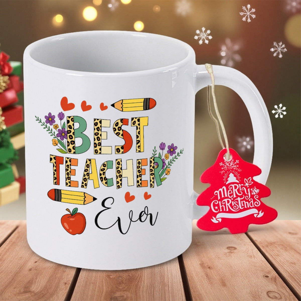 Tailorly White Ceramic 11 oz Mug - Best Teacher Ever Artistic Pencil And Red Apple Surrounded By Colorful School Garden Flowers Mug