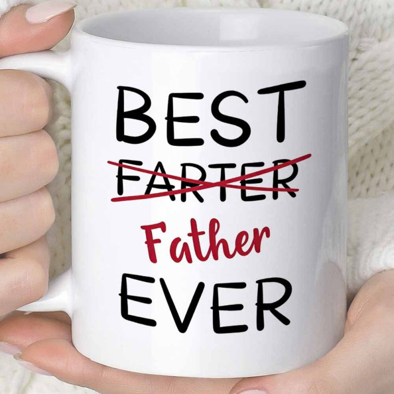 Tailorly White Ceramic 11 oz Mug - Best Farter Father Ever Minimalist Bold Hand Written Typography Featuring A Decorative Red Strike Through Line Sign