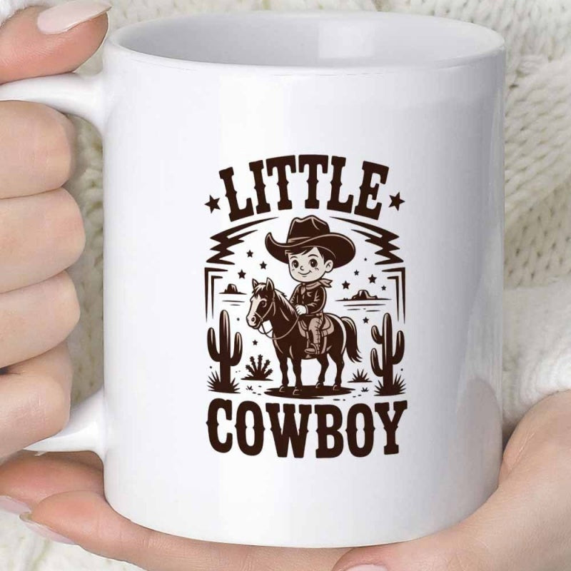 Tailorly White Ceramic 11 oz Mug - Little Cowboy Western Themed Landscape With Cacti Stars And Young Boy Riding Horse Cowboy