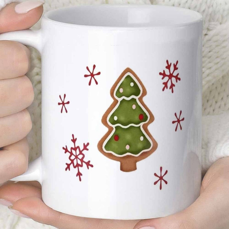 Tailorly White Ceramic 11 oz Mug - Festive Gingerbread Cookie With Green Icing Among Delicate Red Floating Snowflakes Christmas Tree