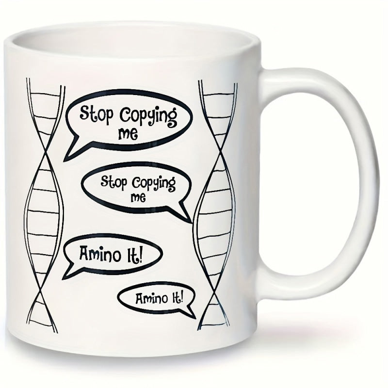 Tailorly White Ceramic 11 oz Mug - Stop Copying Me Amino It Science Themed Double Helix Strands With Playful Speech Bubbles On Ceramic DNA