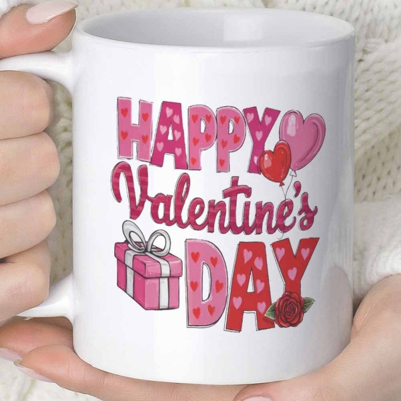 Tailorly White Ceramic 11 oz Mug - Happy Valentines Day Lovely Pink Gift Box With Floating Heart Balloons And Roses Heart