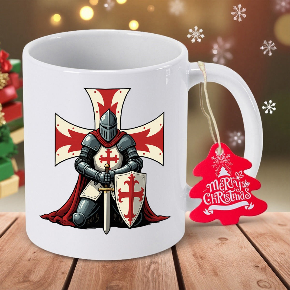 Tailorly White Ceramic 11 oz Mug - Merry Christmas Medieval Warrior Kneeling With Red Cross Shield Under Large Symbol Knight