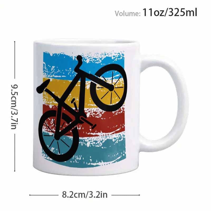 Tailorly White Ceramic 11 oz Mug - Retro Distressed Multi Colored Sunset Stripes Featuring A Silhouette Racing Bicycle