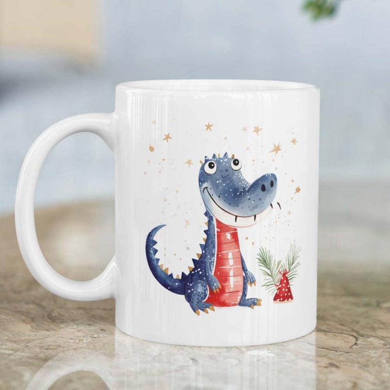 Tailorly White Ceramic 11 oz Mug - Adorable Blue Cartoon Creature With Red Belly And Golden Twinkling Stars Dinosaur