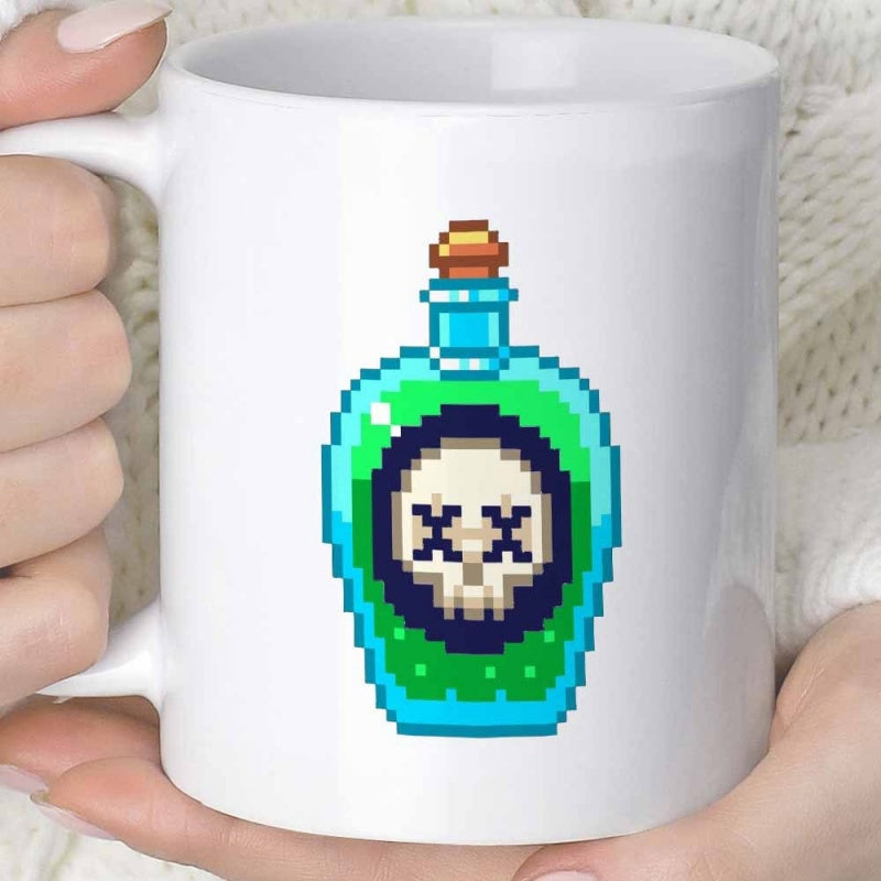 Tailorly White Ceramic 11 oz Mug - Pixelated Teal Potion Bottle Containing Vibrant Green Liquid With Skull Label Bottle