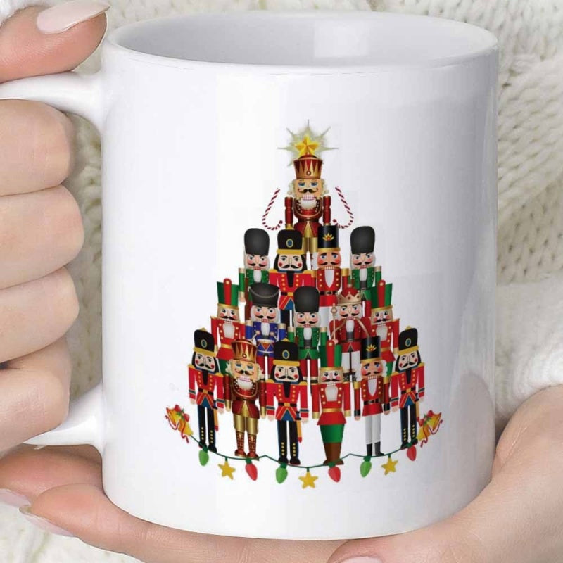 Tailorly White Ceramic 11 oz Mug - Colorful Traditional Soldiers Arranged In A Festive Holiday Tree Shape Nutcrackers