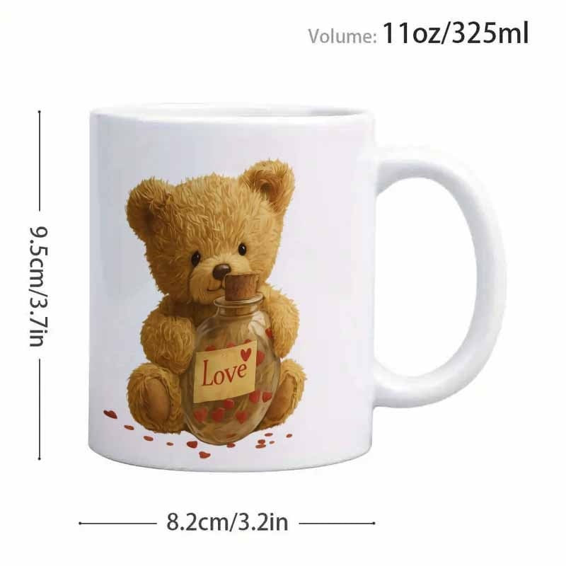 Tailorly White Ceramic 11 oz Mug - Love Adorable Fluffy Brown Sitting Holding A Sweet Heart Glass Bottle Bear
