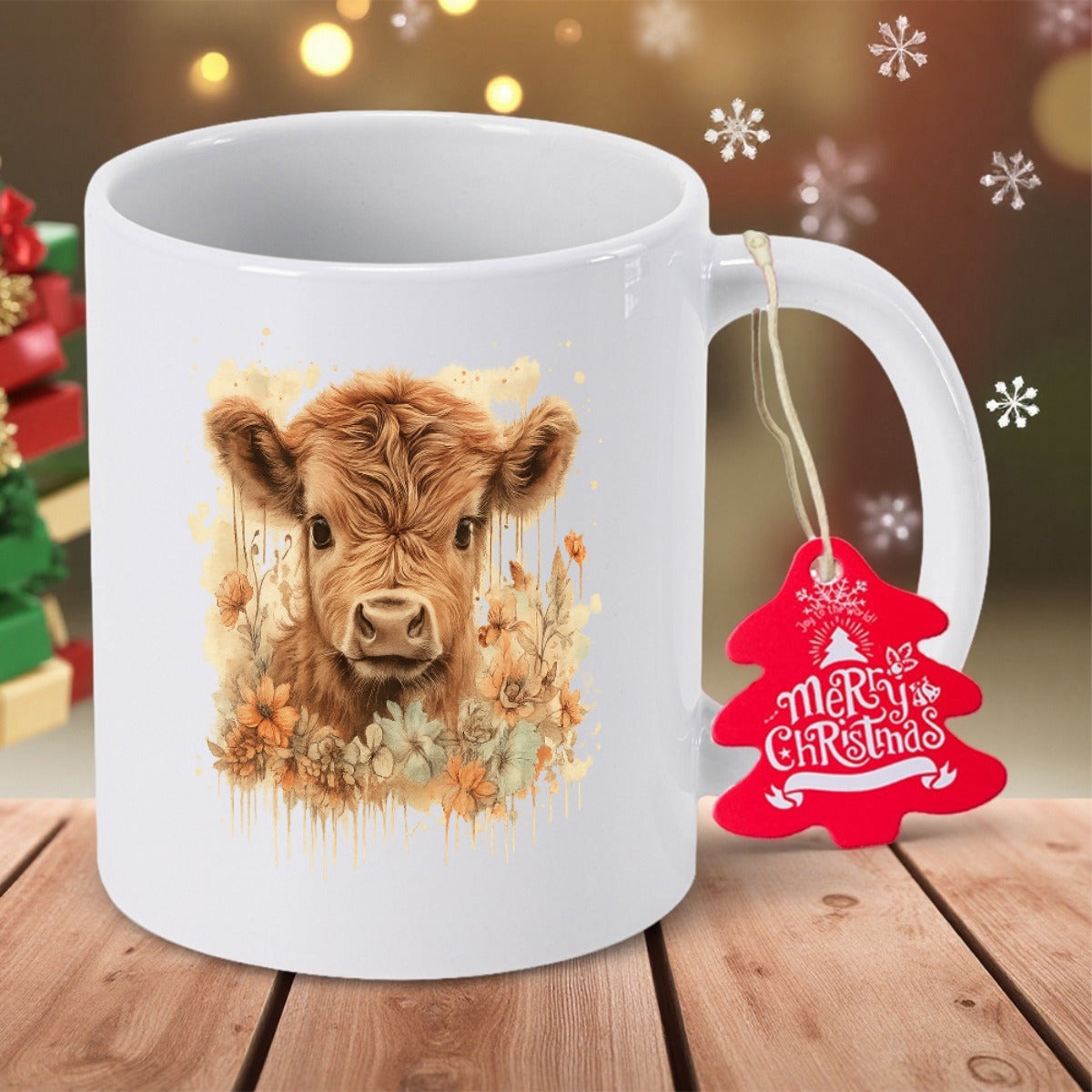 Tailorly White Ceramic 11 oz Mug - Merry Christmas Adorable Fluffy Highland Calf Surrounded By Delicate Golden Autumn Flowers Cow