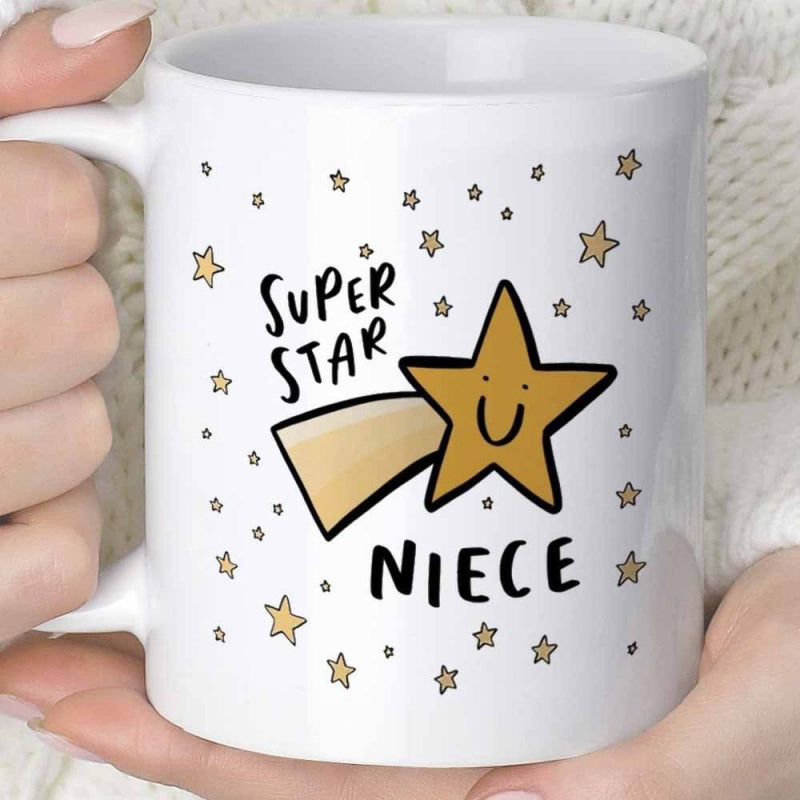 Tailorly White Ceramic 11 oz Mug - Super Star Niece Smiling Golden Shooting Element With Many Tiny Twinkling Accents Star