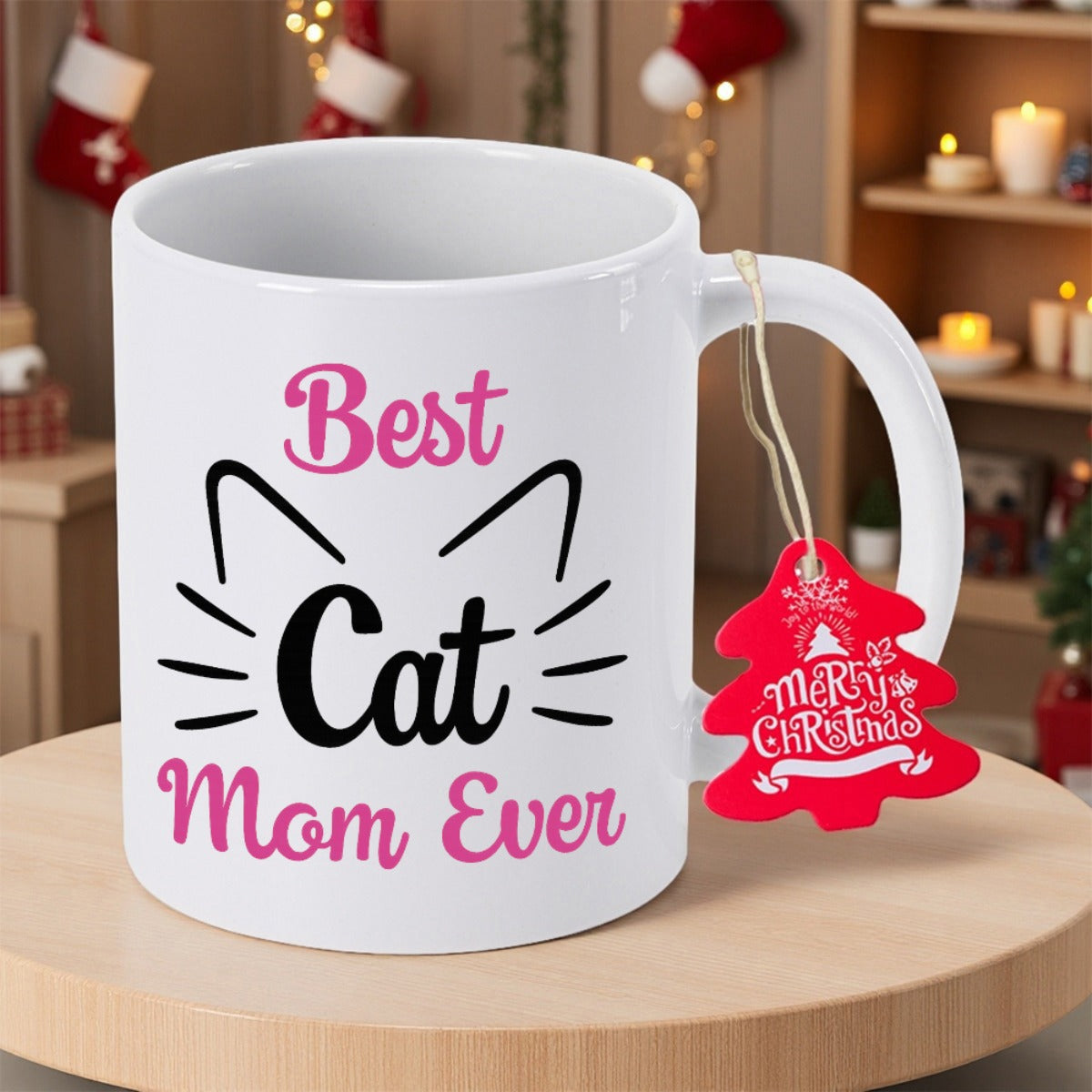 Tailorly White Ceramic 11 oz Mug - Best Cat Mom Ever Minimalist Line Art With Ears And Whiskers On White Ceramic Cat
