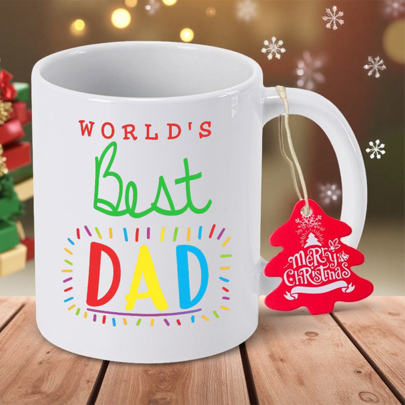 Tailorly White Ceramic 11 oz Mug - Worlds Best Dad Multi Colored Bold Letters Surrounded By Bright Festive Rainbow Dash Lines Mug