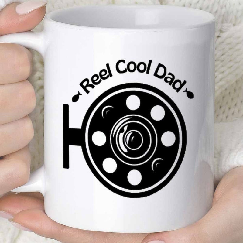 Tailorly White Ceramic 11 oz Mug - Reel Cool Dad Sturdy Metal Cutout Silhouette Featuring Fishing Gear With Small Fish Details Reel