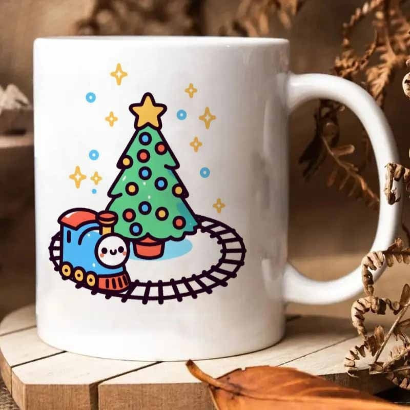 Tailorly White Ceramic 11 oz Mug - Cute Blue Cartoon Steam Engine Circling Around A Decorated Festive Holiday Tree Train