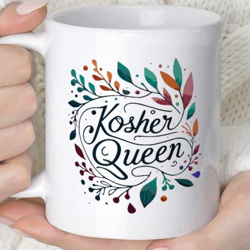 Tailorly White Ceramic 11 oz Mug - Kosher Queen Colorful Hand Drawn Leaves Arranged In A Delicate Circular Wreath