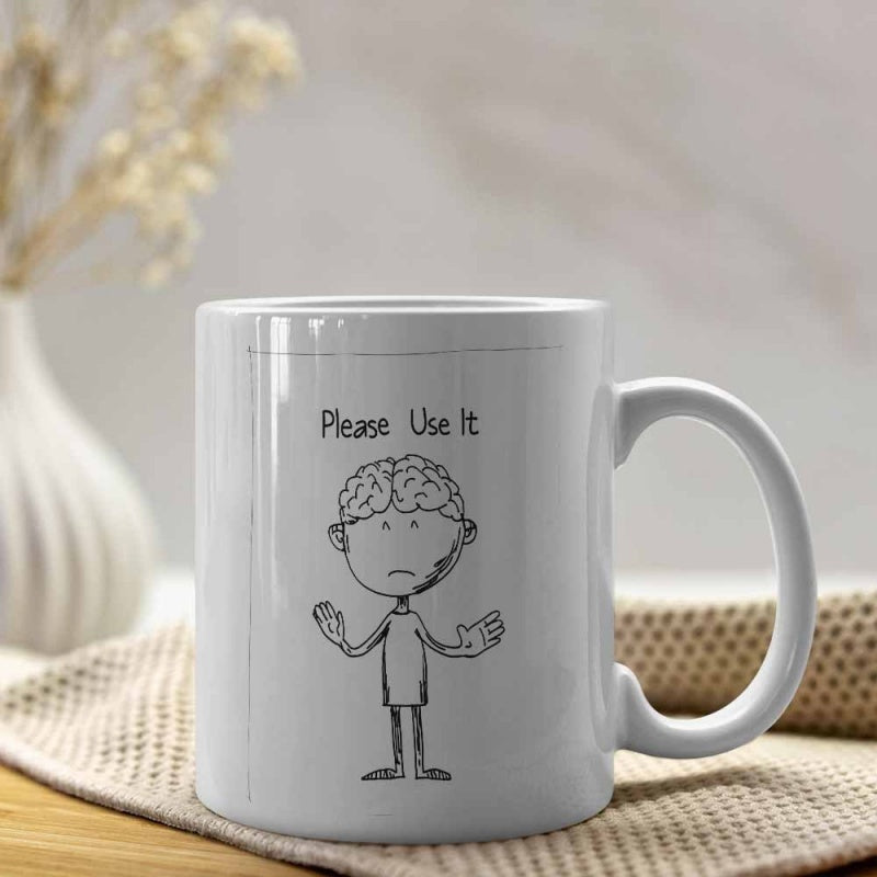 Tailorly White Ceramic 11 oz Mug - Please Use It Simple Cartoon Line Art Character Shrugging And Showing Exposed Brain Man