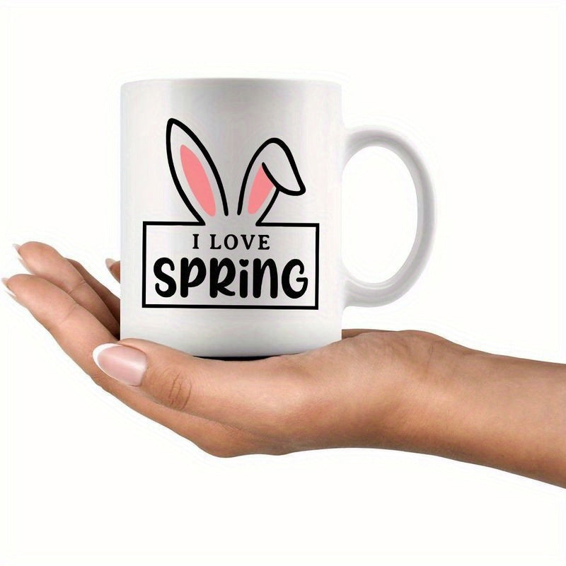 Tailorly White Ceramic 11 oz Mug - I Love Spring Adorable Pink Rabbit Ears Emerging Behind Black Border Text Design Bunny