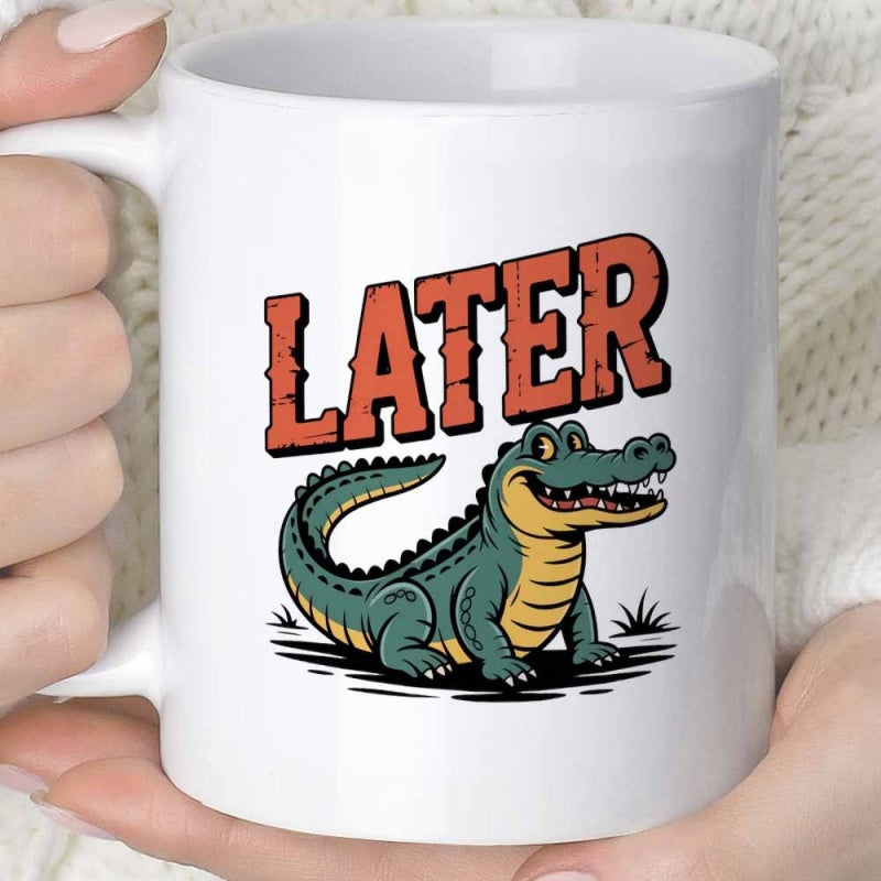 Tailorly White Ceramic 11 oz Mug - Later Friendly Cartoon Green Smiling Among Grassy Ground Lines Alligator