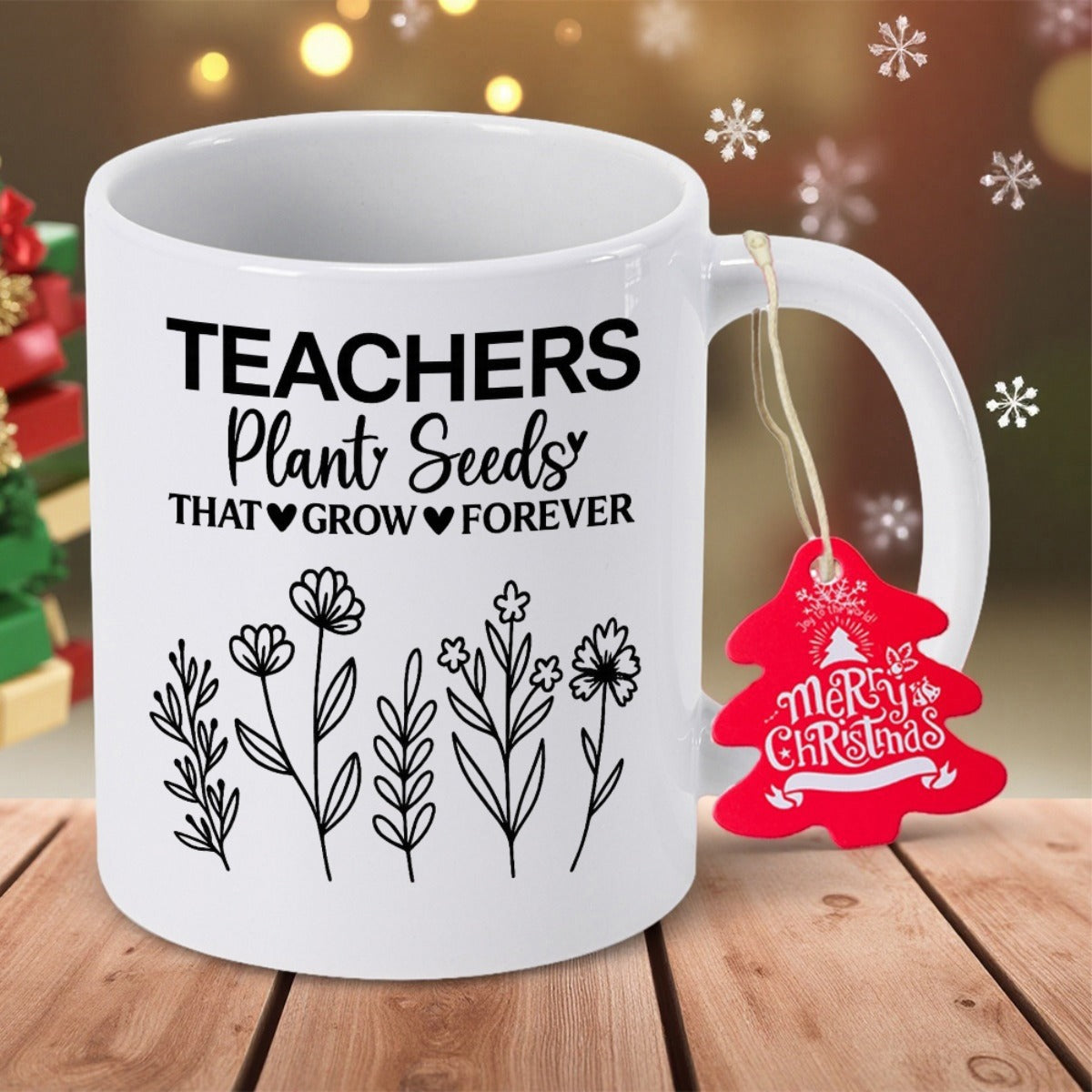 Tailorly White Ceramic 11 oz Mug - Teachers Plant Seeds That Grow Forever Minimalist Black Line Art Botanical Stems With Delicate Blooming Petals Flower