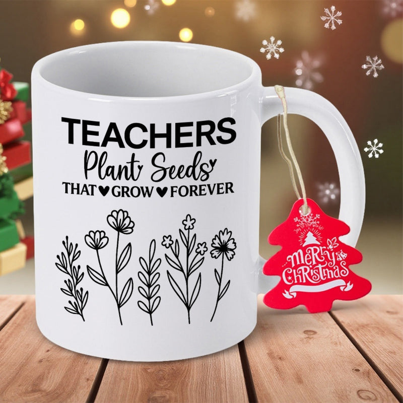 Tailorly White Ceramic 11 oz Mug - Teachers Plant Seeds That Grow Forever Minimalist Black Line Art Botanical Stems With Delicate Blooming Petals Flower