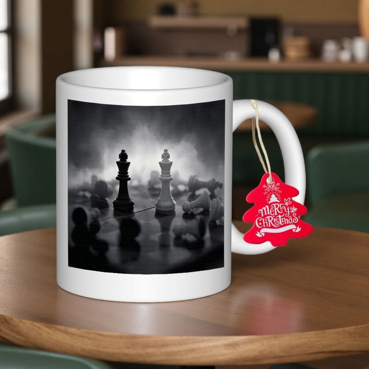 Tailorly White Ceramic 11 oz Mug - Merry Christmas Dramatic Smoky Atmosphere With Black And White King And Queen Battlefield Chessboard