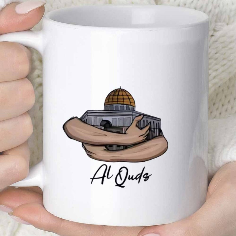 Tailorly White Ceramic 11 oz Mug - Al Quds Sacred Golden Dome Embraced By Protective Human Arms For Peace Building