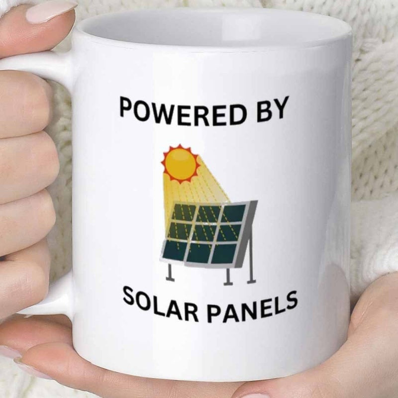 Tailorly White Ceramic 11 oz Mug - Powered By Solar Panels Radiant Sun Shining Over A Tilted Blue Energy Harvesting Array Solar Panel