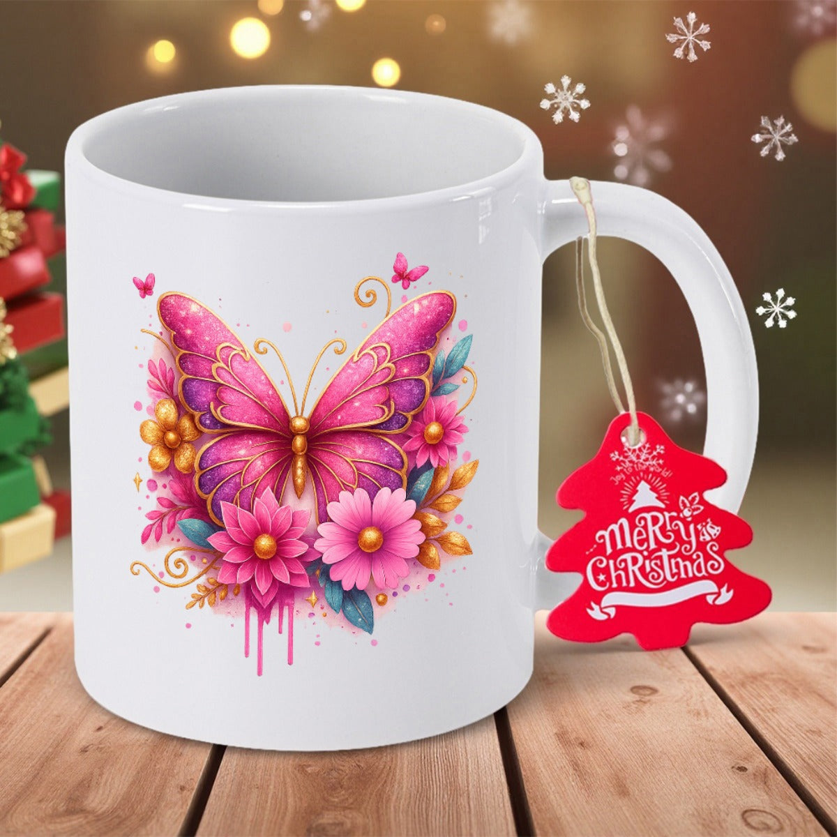 Tailorly White Ceramic 11 oz Mug - Merry Christmas Vibrant Pink Wings Fluttering Among Colorful Blooming Spring Garden Flowers Butterfly