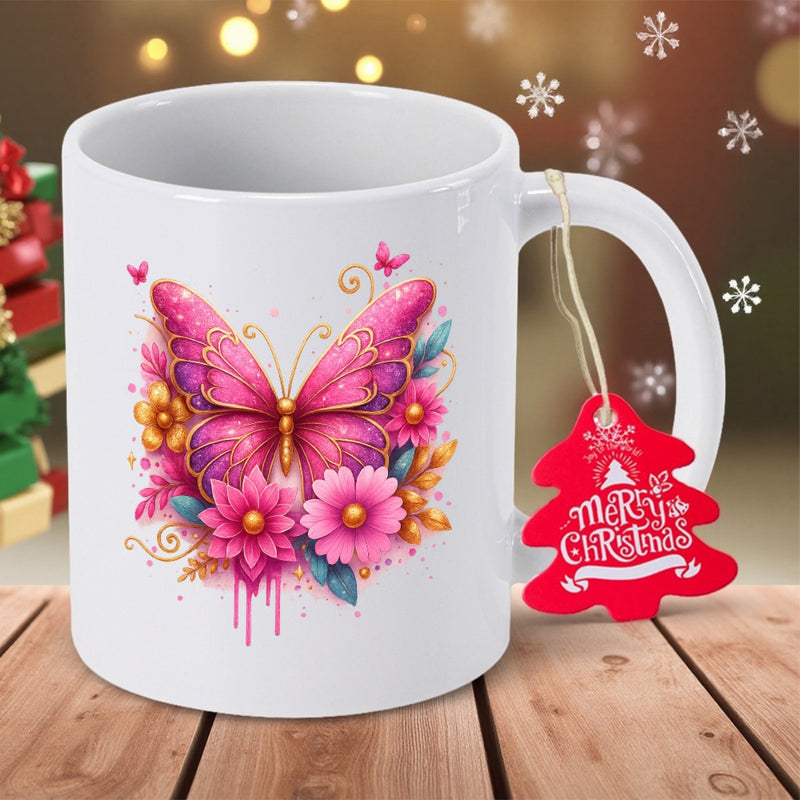 Tailorly White Ceramic 11 oz Mug - Merry Christmas Vibrant Pink Wings Fluttering Among Colorful Blooming Spring Garden Flowers Butterfly