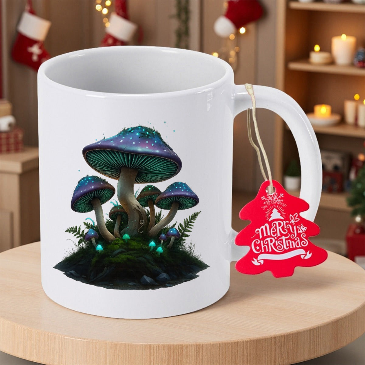 Tailorly White Ceramic 11 oz Mug - Merry Christmas Glowing Blue Bioluminescent Fantasy Fungi Growing On Mossy Forest Ground Mushroom